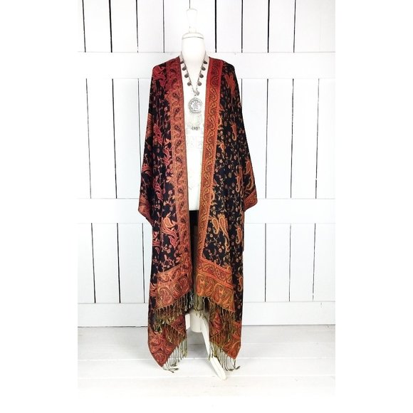 Three Feathers Studio Tops - Maxi black orange paisley floral silk pashmina kimono cover up jacket one size